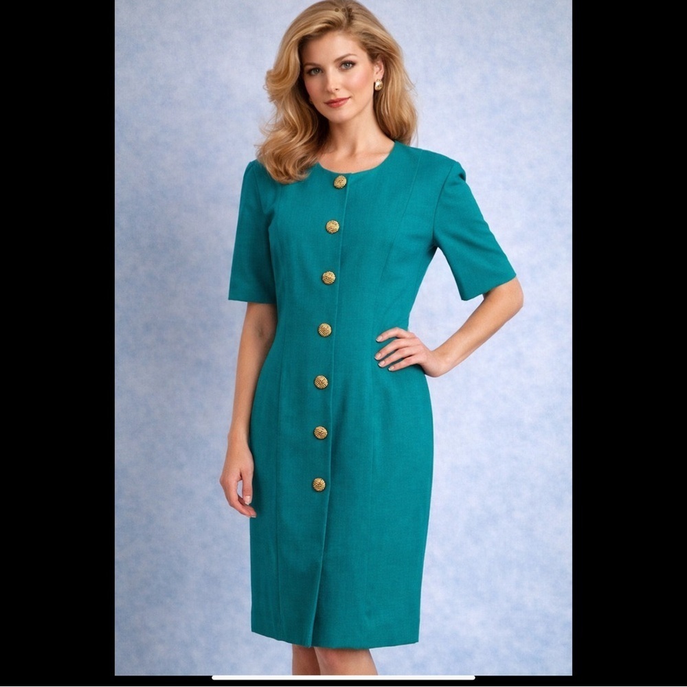 Vintage Ultra Dress New York Teal Button Front Sheath Dress Size 12 Made USA